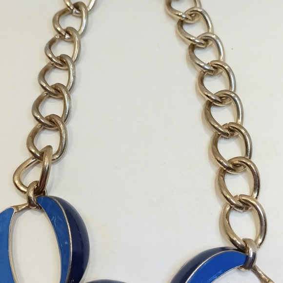 Two-Tone Blue Enamel Necklace Mid-Century Gold Tone Trim Statement Necklace - Picture 3 of 6